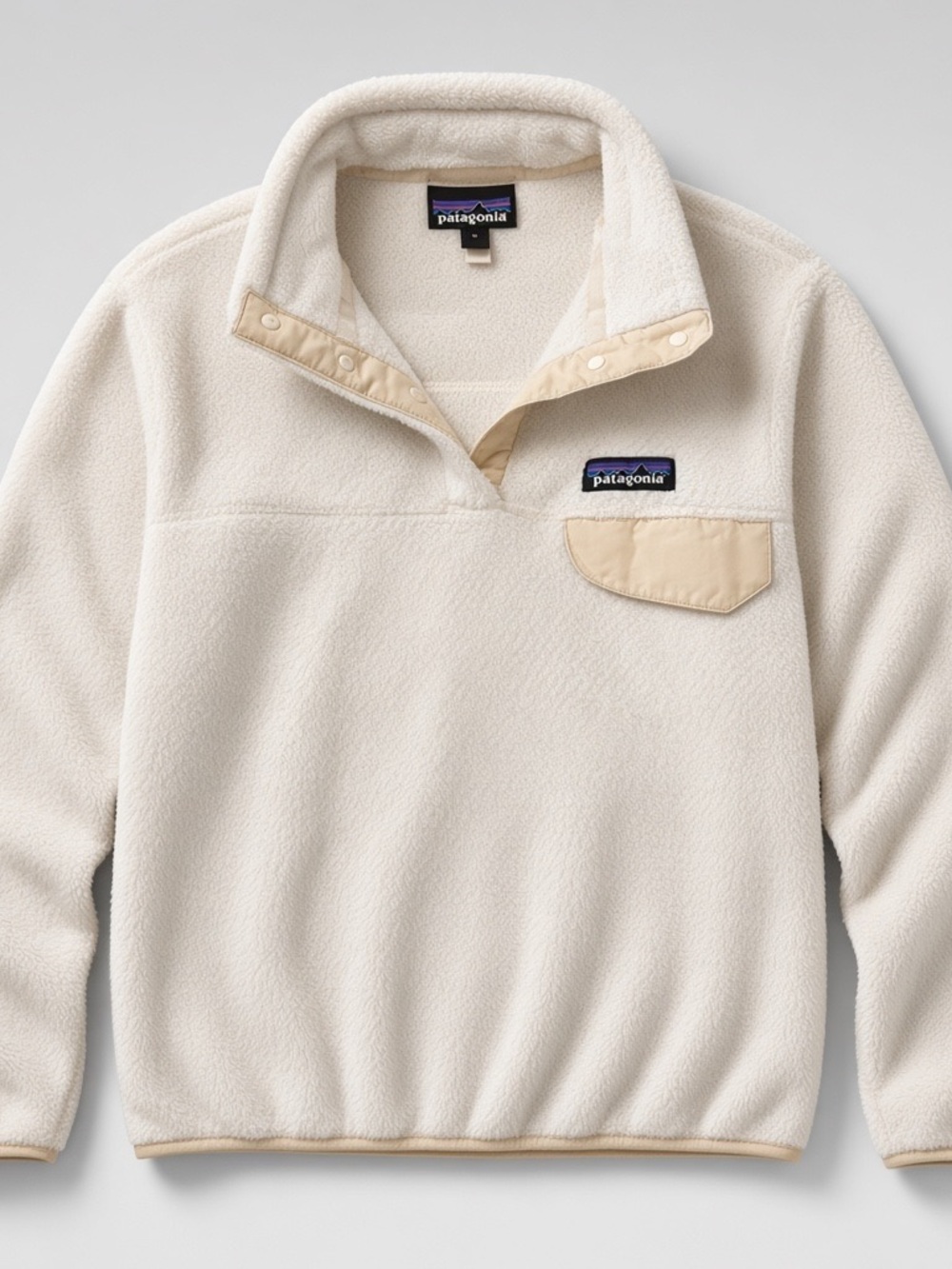 Patagonia Re-Tool Snap-T Woman’s  Fleece Pullover in Cream with Tan Trim Size Sm